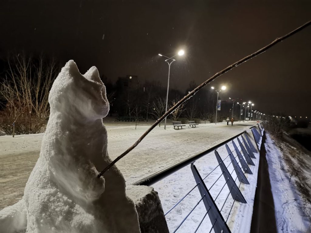 У бронзового тверского рыбака в Дубне появился снежный кот-побратим