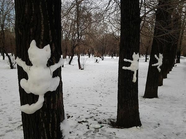 В Твери появились снежные звери, которые обнимают деревья