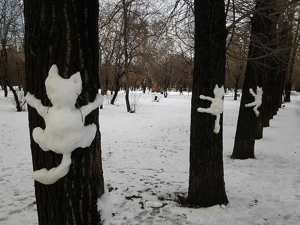 В Твери появились снежные звери, которые обнимают деревья В Твери появились снежные звери, которые обнимают деревья