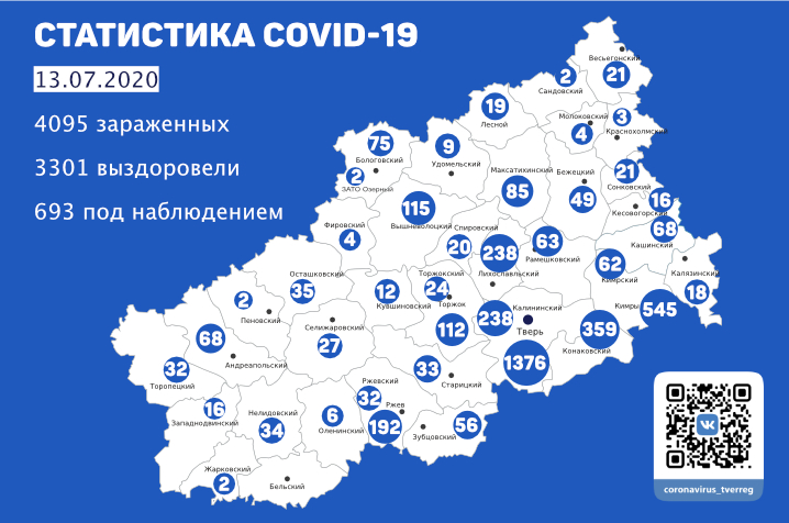 Карта распространения коронавируса по муниципалитетам Тверской области