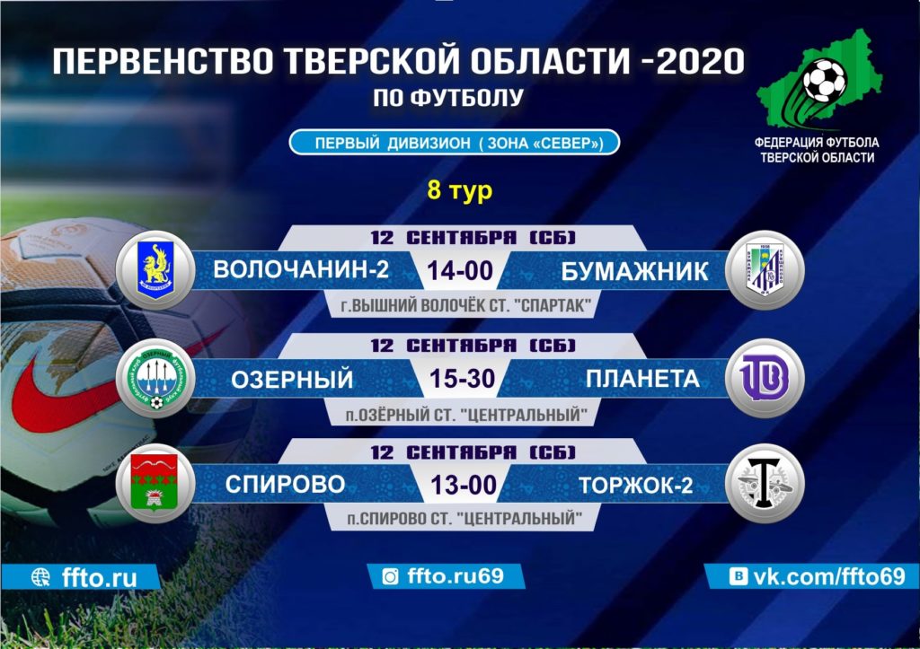 Опубликовано расписание игр 8-ого тура Чемпионата и Первенства Тверской области по футболу