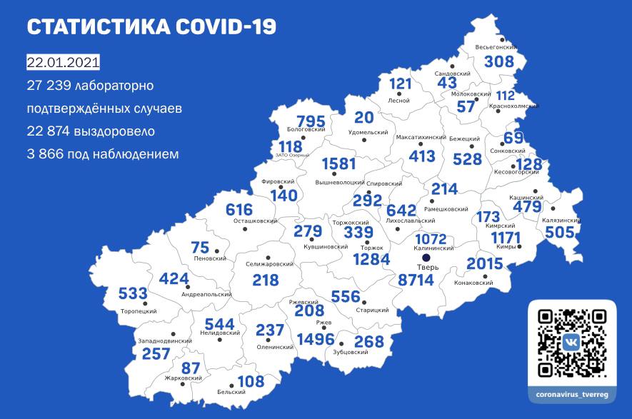 Карта коронавируса: назван район Тверской области, где меньше всего случаев COVID-19 статистика ковид 19 тверская область