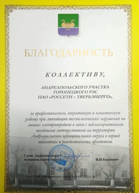 Глава Андреапольского муниципального округа дал высокую оценку работе тверских энергетиков при восстановлении электроснабжения, нарушенного снежным циклоном