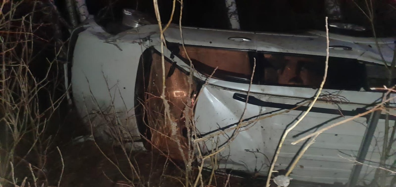 В Тверской области автомобиль уехал в кювет и снес дорожный знак