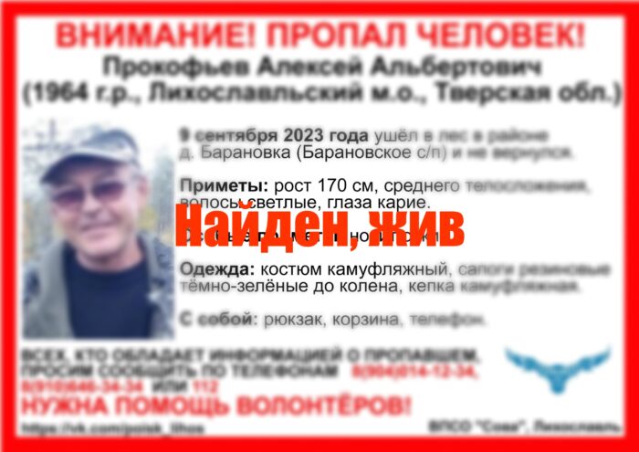 Мужчина, пропавший в лихославльском лесу, найден живым