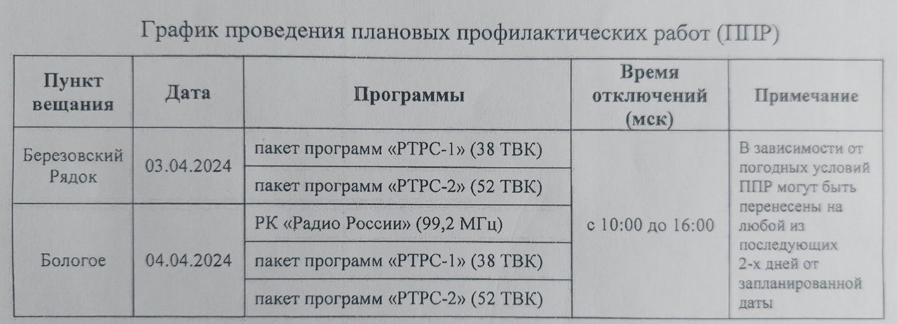Внимание жителям Бологовского района: возможные перебои в трансляции 3 и 4 апреля