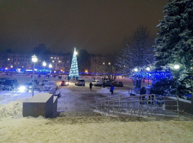 Два пингвина и снеговики создают новогоднюю атмосферу для жителей города на юге Верхневолжья